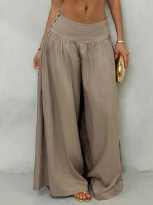 Retro Low-Waisted Wide Leg Pants, Flowy & Slimming Casual Women Long Trousers Fall Women Clothes Back To School ,Petite Women - Khaki - View 9