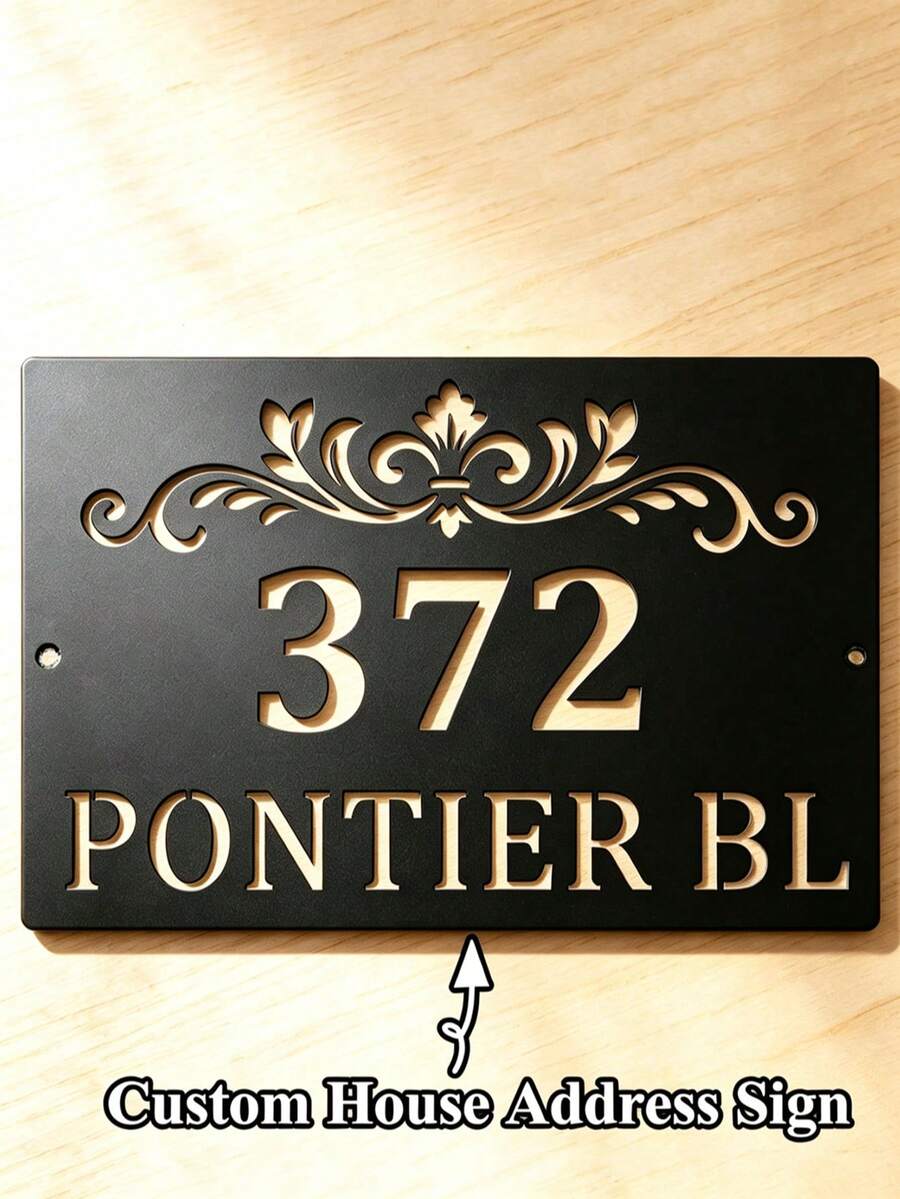 4 Sizes Available! Customized House Name Sign, Vintage Hollow Iris Metal House Number Plate, Personalized Address Sign, House Sign, Porch Sign, Front Door Sign, Housewarming Gift - Black - View 1
