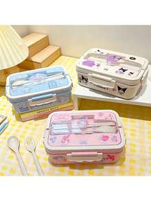 SANRIO Cute Sanrio Themed Bento Lunch Box, Multi‑Compartment Food Container With Built‑In Phone Holder, Portable Carry Handle, Comes With Spoon & Chopsticks, Leak‑Proof Locking Lid For School Office Picnic Daily Meal Prep - Multicolor - View 12