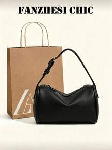 Handbag, Cylindrical Underarm Bag With Minimalist Sleek Long Body, Paired With Adjustable Shoulder Strap For Flexible Carrying Length, Zipper Closure Design For Convenient Access To Items. Soft And Casual Silhouette, Moderate Storage Space For Personal Belongings, Suitable For Daily Commute And Leisure Outings, Effortlessly Creating A Minimalist And Sophisticated Style. - Black - View 1