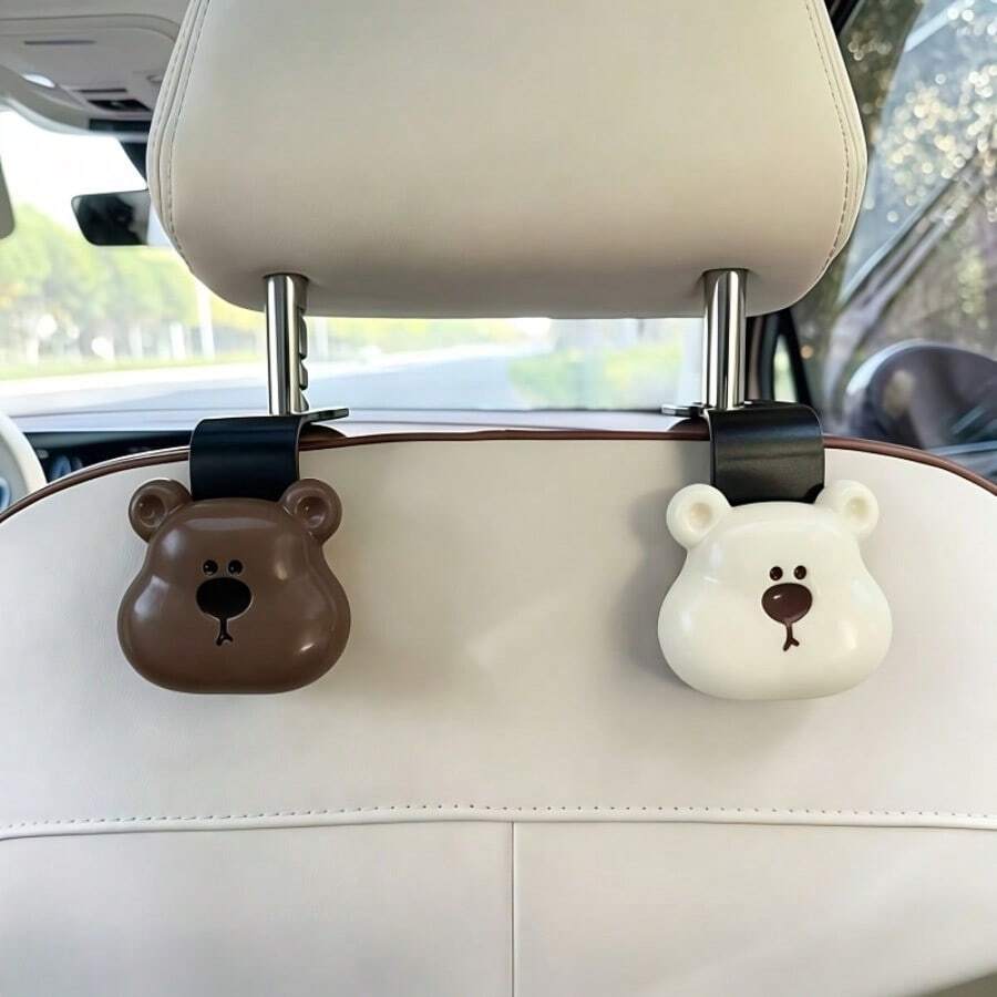 2pcs 2pcs Adorable Bear Car Headrest Hooks Suitable For Car, Multi-Functional Seat Back Organizers With Hanging Hooks, Cute Brown & White Bear Decorations For Women's Car Accessories, Car Interior Storage Hooks For & - Bear - View 1