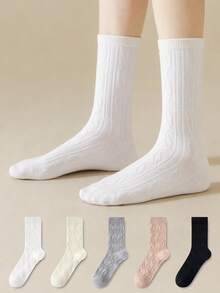 ZUJO 5 Pairs Women's Mid-Calf Socks, 3D Cable Knit Design, Comfortable Breathable Warm Slouch Socks, Suitable For Spring, Autumn, Winter Sports And Daily Wear - Multicolor - View 2