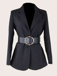 1pc Large Bamboo Knot Round Buckle PU Leather Belt - Black - View 5