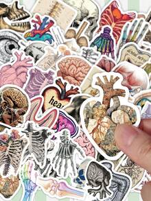 50Pcs Vintage Human Anatomy Decorative Stickers, Skeleton Organ Skull Waterproof Stickers For Laptop, Water Bottle, Journal, Scrapbook - A - View 1