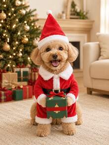 2pcs Christmas Pet Costume Set With Hat, Funny 3D Santa Claus Gift Box Standing Design, Suitable For Small Dogs, Medium Dogs And Cats, Red Christmas Cosplay Outfit, Holiday Party Photo Prop - Red - View 1