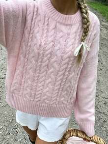 Women's Casual Fashion Autumn/Winter Fleece Cable Knit Round Neck Lantern Sleeve Loose Ribbed Regular Sweet Style Sweater - Pink - View 4