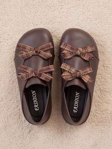Deep Brown Plaid Bow Round Toe Children's Shoes [Slip-On] No Laces Easy On/Off | Maillard Vintage Forest Style Flat Soft Sole Spring Girls Shoes - Brown - View 3