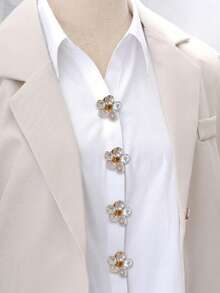 6/2/1pc Baroque Pearl Flower Shirt Button Covers, Elegant No-Sew Cufflink Clips, Floral Collar Pin & Sleeve Decor Accessories For Wedding & Party - Multicolor - View 3