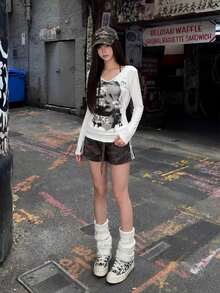 Casual Distressed Portrait Print Long Sleeve T-Shirt Women Niche Aesthetic Hot Girl Base Layer Top - White - View 10