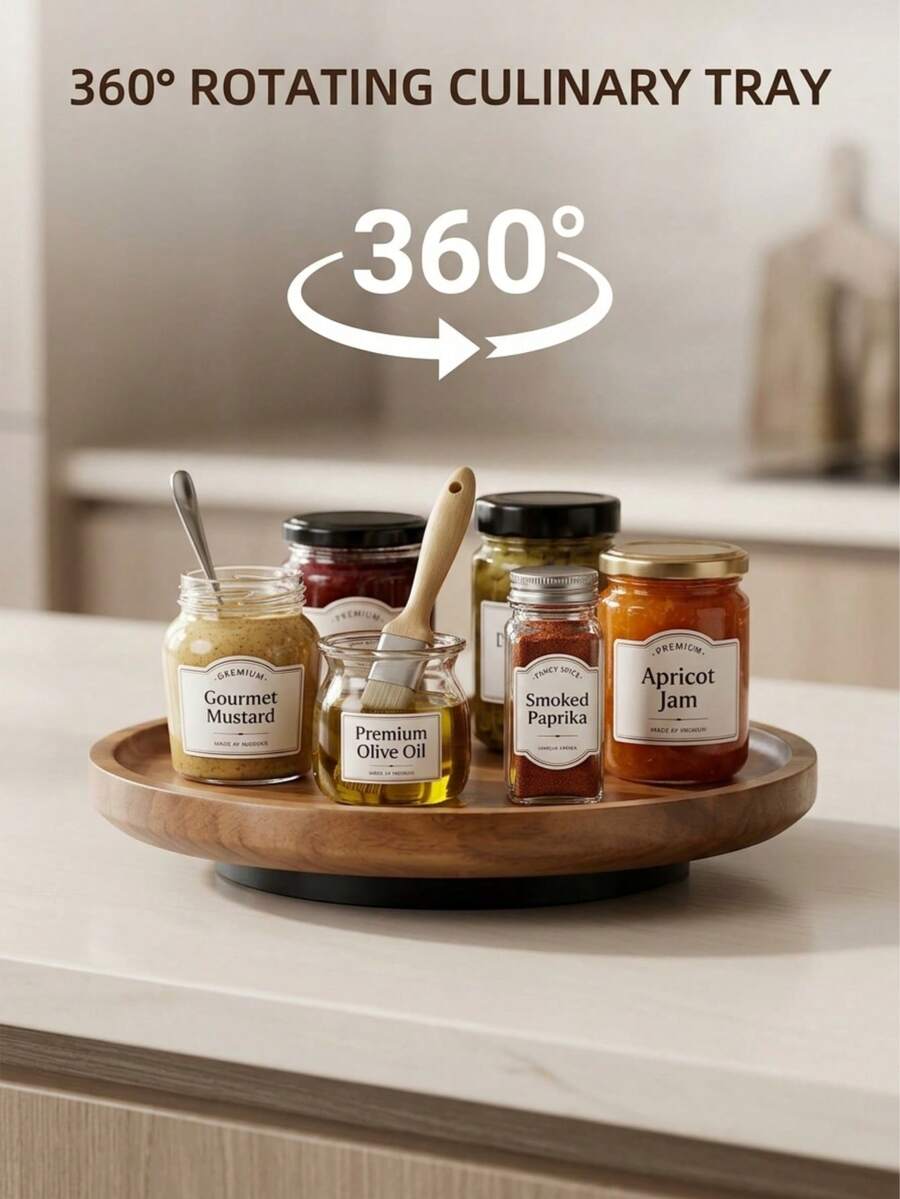 1pc 360° Rotating Round Wooden Turntable Tray, Kitchen Cabinet Spice Organizer Rack, Multi-Functional Kitchen Decor, Housewarming Christmas Halloween Graduation Birthday Gift