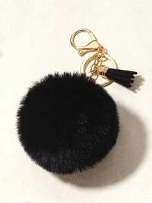 Fluffy Faux Fur Pom‑Pom Keychain, Tassel Decor Metal Lobster Clasp Key Ring, Soft Plush Ball Bag Charm Pendant For Handbag Backpack Car Keys - Coffee Brown - View 2
