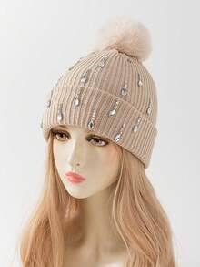 1pc Women's Fashion Handmade Rhinestone Raindrop Heavy Embellished Pom Pom Knit Beanie Hat, Suitable For Autumn/Winter Daily Warmth And Travel Outfit - A - View 6