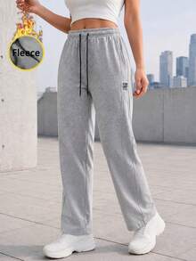 Celana Panjang Wanita Berbahan Fleece dengan Lapisan Dalam, Potongan Lebar, Pinggang Elastis dengan Tali Serut, Model Santai, Celana Jogging Kasual untuk Pemakaian Sehari-hari. - Grey - View 3