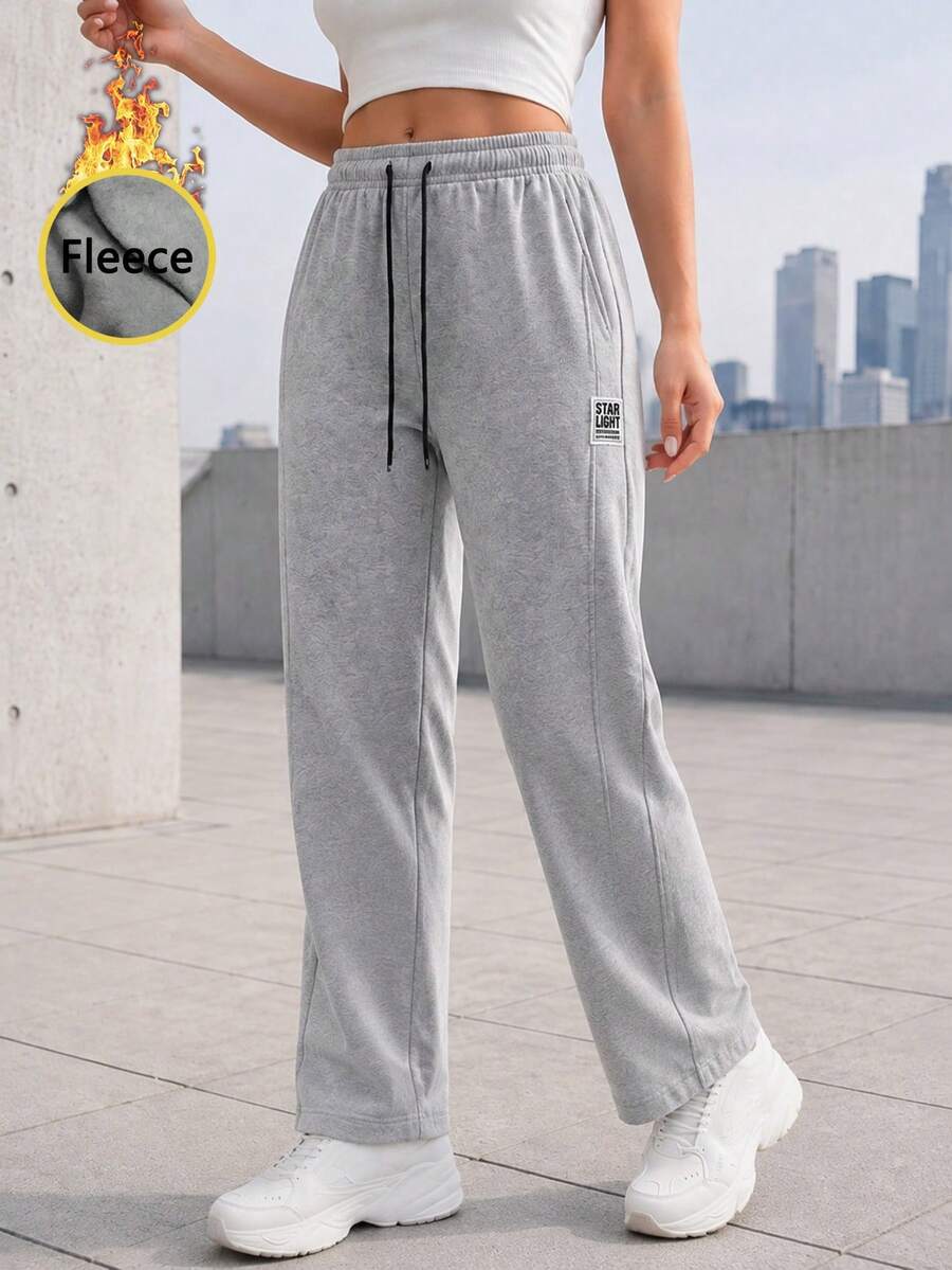 Women Fleece Lined Wide Leg Full Length Pants With Drawstring Elastic Waist Relaxed Fit Casual Sweatpants For Daily Wear. - Grey - View 1