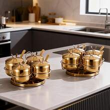 3/4-teiliges Gewürzglas-Set aus goldenem Edelstahl mit drehbarem Ständer, Glasbehälter mit Deckel  Löffeln, Küchendosen-Set für Kaffeebohnen, Pfeffer, MSG, Süßigkeiten, Hühnerbrühe  Salz - Übersicht 7