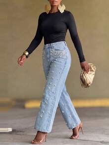 Women's Casual Versatile Denim Jeans With Pockets, Buttons And Faux Pearl Decor - Blue - View 3