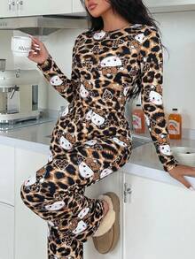SANRIO Cute Pattern All-Over Print Home Set, Long Sleeve Crew Neck Cropped Top With High Waist Wide Leg Pajama Pants, Elastic Comfortable Fabric, Personalized Cartoon Print, Daily Home Wear, Fashion Loose Pajama Set For Girls - Multicolor - View 3