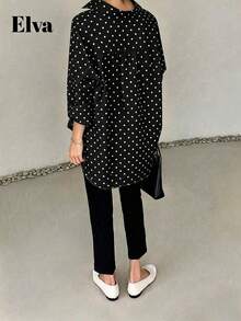 VELLA 女款秋季前短後長領口長袖捲邊寬鬆下擺襯衫，通勤、辦公、外出、派對 - 黑色 - 查看 5