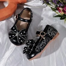 1 Pair 2026 New Girls' Mary Jane Princess Shoes, Bow Sequin Pearl Rhinestone Decor Glitter PU Material Round Toe Single Strap Flat Heel Sweet Princess Style Leather Shoes For Party Birthday Performance - Black - View 6