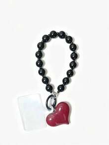 Black Heart Element 1pc Creative Red Heart Beaded Phone Lanyard Ins Style Sweet & Chic Heart Pendant Keychain Birthday Gift Spring Wedding - Black - View 4