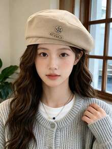 Women's Camellia Metal Logo Wool Beret, Autumn/Winter Vintage British Style Versatile Face-Slimming Painter Hat - Multicolor - View 3