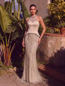 LUVISTRUE Women's Elegant Charming Romantic Formal Evening Gown, Backless Halter Neck Beaded Mesh Sequin Mermaid Cocktail Party Gala Graduation Date Dress - Beige - View 5