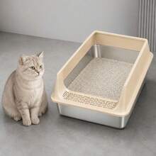 1pc Large Capacity High-Wall Thickened Semi-Enclosed Open-Entry Anti-Splash Anti-Tracking Cat Litter Box, Stainless Steel Inner Basin With Plastic Guard, Minimalist Modern Cream White And Silver Metal Base, Rectangular Rounded Corner High-Side Structure, Front Sand-Catching Pedal, Fine Sifting Holes, Stable Base, Smooth Inner Walls, Wear-Resistant Durable Rust-Proof Easy-Clean Detachable Washable, Reduces Litter Scatter And Tracking, Easy Access Large Space Cat Toilet - Multicolor - View 1