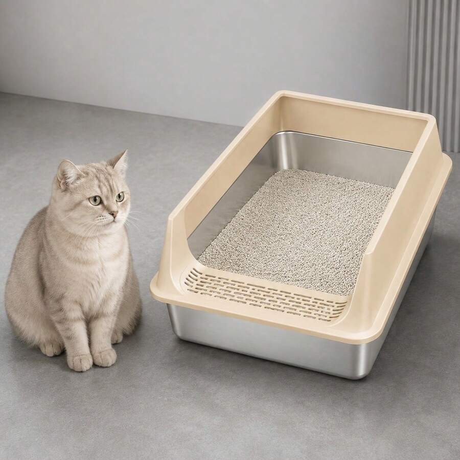 1pc Large Capacity High-Wall Thickened Semi-Enclosed Open-Entry Anti-Splash Anti-Tracking Cat Litter Box, Stainless Steel Inner Basin With Plastic Guard, Minimalist Modern Cream White And Silver Metal Base, Rectangular Rounded Corner High-Side Structure, Front Sand-Catching Pedal, Fine Sifting Holes, Stable Base, Smooth Inner Walls, Wear-Resistant Durable Rust-Proof Easy-Clean Detachable Washable, Reduces Litter Scatter And Tracking, Easy Access Large Space Cat Toilet - Multicolor - View 1