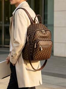 Men's Vintage Geometric Print Backpack Large Capacity Travel Daypack Anti-Theft Lock Design Casual Business Shoulder Bag With Side Pockets - Coffee - View 2
