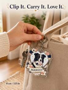 Personalized Photo Cartoon Portrait Keychain, Custom Pet Name Keepsake Bag Charm With Floral Heart Portrait, Gift For Pet Owners And Animal Lovers - Multicolor - View 6