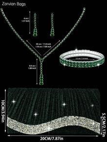 REMANLAND 4pcs Evening Jewelry Set With Rhinestone, Luxury Rhinestone Pleated Clutch Bag, Elegant Women's New Shoulder Evening Bag, Paired With Sparkling Rhinestone Pendant Jewelry Set, Rhinestone Pendant Necklace, Earrings, Bracelet, Suitable For Party, Wedding, Ball, Evening Event, Gathering - Dark Green - View 3