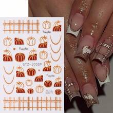2 Sheets Fall Pumpkin Nail Stickers - Golden Glitter Plaid & French Tip Design, Autumn Nail Art Decals For DIY Manicure, Women & Girls - Orange - View 5
