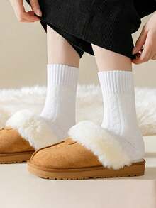 5 Pairs Random Color Fleece Lined Mid-Calf Socks, Autumn/Winter, One Size, Unisex - Multicolor - View 3