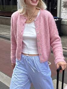 Women's Pink Fluffy Button-Front Cardigan, Long Sleeve, Regular Length, Medium Stretch, Suitable For Autumn - Pink - View 9