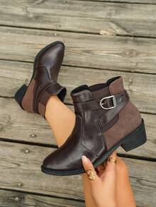 1 Pair Women's Patchwork Design Buckle Strap Chunky Heel Round Toe Winter Short Ankle Boots, Coffee Brown - Coffee Brown - View 7