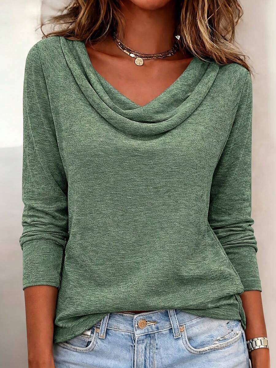 Women's Casual Solid Long Sleeve Drop Neck T-Shirt, Fashion Ladies Top - Green - View 1