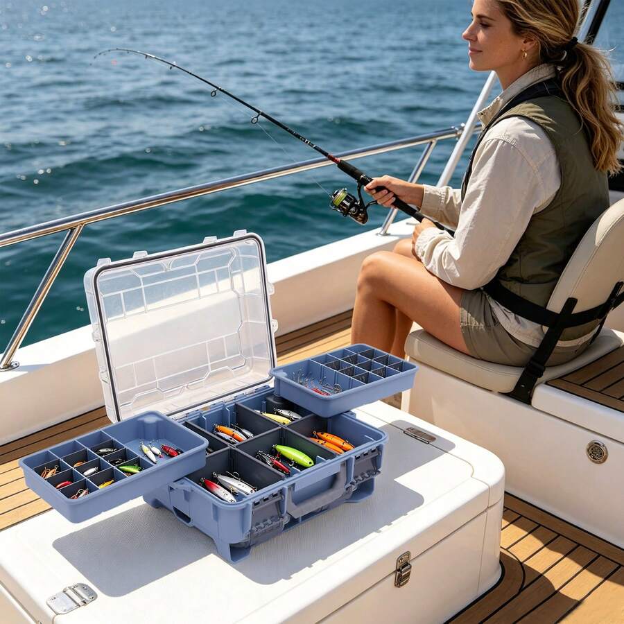 Miumaeov 3-Tier Portable Fishing Tackle Storage Box, Ergonomic Handle, Adjustable Compartments, Large Capacity For Hooks Bait Fishing Lines, Outdoor Fishing - Blue - View 1