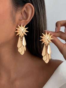1 Pair Premium Gold Starlight Earrings Women Creative Geometric Design Long Dangle Earrings Fashion Outfit Holiday Gift Accessory - Earring - View 1