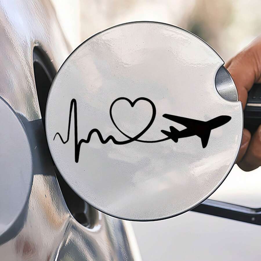 Heartbeat Airplane Vinyl Decal Sticker, 2D Flat Heart ECG Plane Sticker, Glossy Self‑Adhesive Decor For Car Rear Window, Motorcycle, SUV, Bumper, Laptop, Water Bottle, Travel Lover Gift - A - View 1