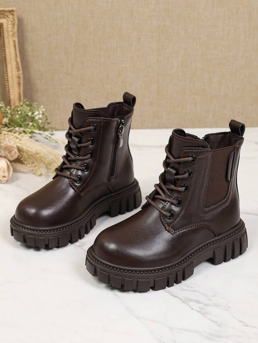 1 Pair Coffee Brown Boys' Boots, Soft PU + Elastic Fabric, Lightweight Soft Sole With Inner Zipper Design, Simple Classic Work Boots, Suitable For Boys And Girls Students For Daily School And Holiday Wear, Autumn/Winter New Style