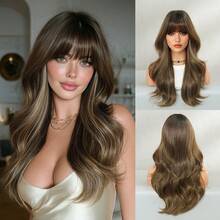 NAMM Wig Panjang Bergelombang dengan Poni dan Akar Gelap, Rambut Sintetis Bergelombang Keriting Tanpa Lem dan Tahan Panas untuk Wanita, Cocok untuk Pemakaian Sehari-hari, Festival, Pesta, Panjang 22 Inci (Coklat Keemasan Campuran) - MultiWarna - View 12