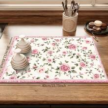 1pc Extra Large Draining Mat, Pink Rose Print, Bar Countertop Waterproof Mat, Drying Mat, Drainage Mat, Coffee Machine Mat, Coffee Cup | Tableware Draining, Absorbent Quick-Drying Draining, Washable And Reusable, Suitable For Kitchen | Cafe, Tea Cup, Coffee Cup, Coffee Machine Accessories, Home Decor For Coffee Lovers, Rental Home Renovation - Multicolor - View 3
