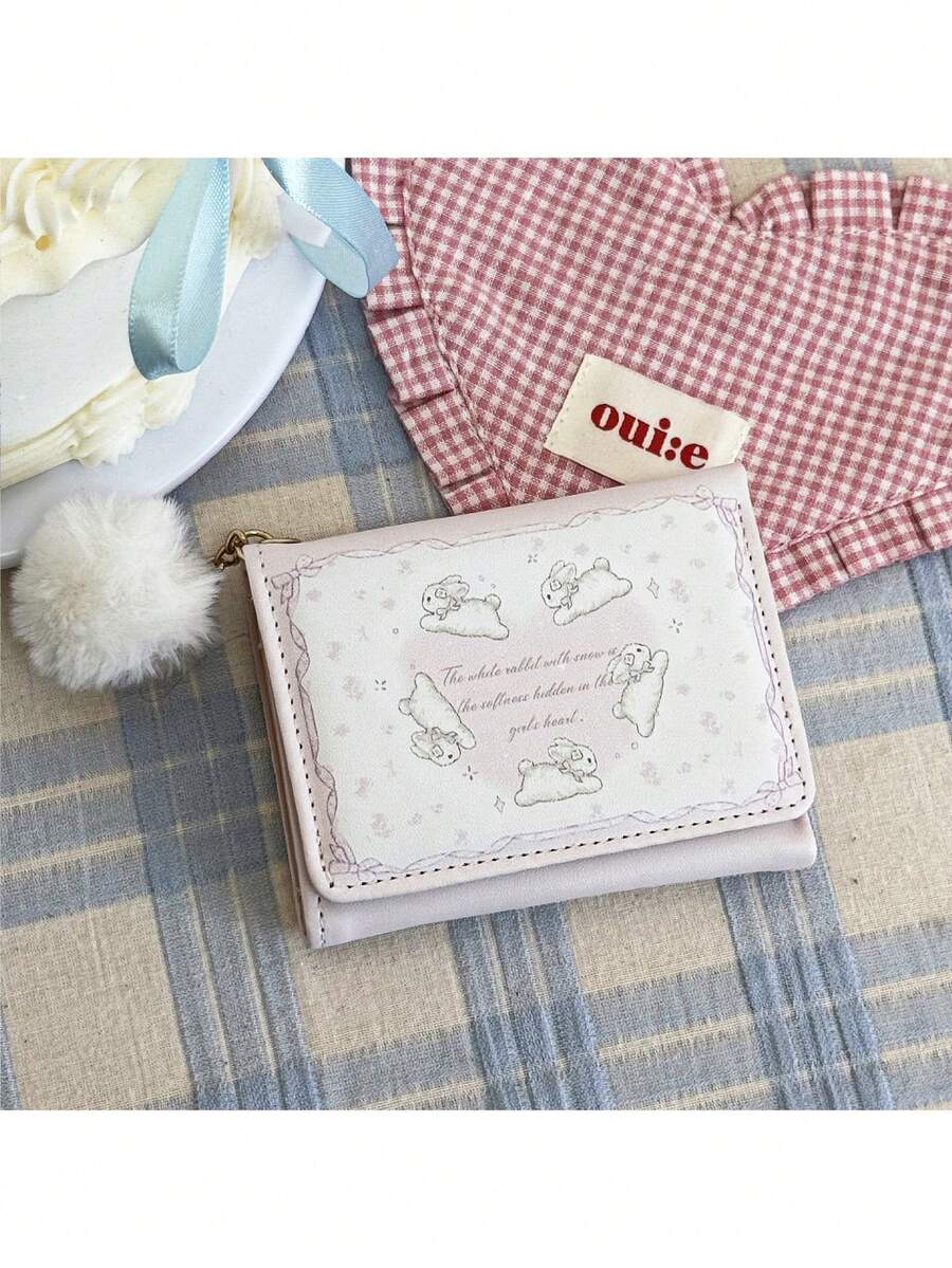 Girl Dream Love Rabbit Bear Snap Button Tri-Fold Wallet, Cute Multi-Card Slot Short Wallet - Pink - View 1