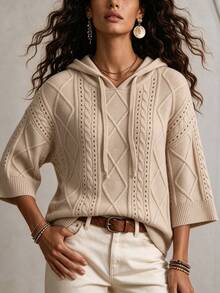 ASHKATIA Women's Plus Size Hooded Knit Sweater, Ribbed Rope Detail, Earth Tone Vintage Style, Suitable For Layering In Autumn/Winter - Apricot - View 2