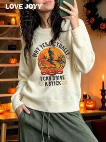 LOVE JOYY Women Fall Winter Off White Crew Neck Knit Sweater, Halloween Witch Pumpkin Letter Print, Drop Shoulder Loose Long Sleeve Pullover - Apricot - View 3