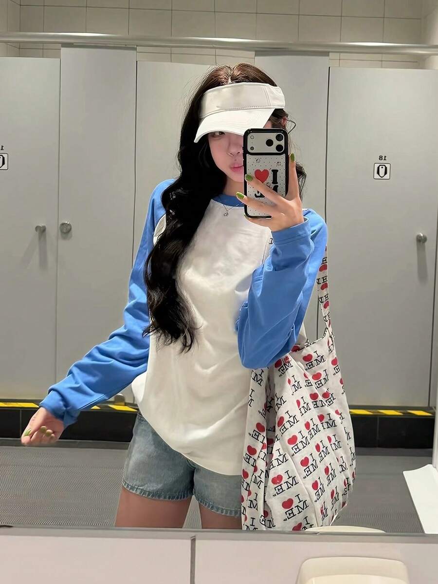 Women's Casual Minimalist College Style All-Match Colorblock Raglan Long Sleeve T-Shirt, Loose Fit Versatile Top For Autumn - White - View 1