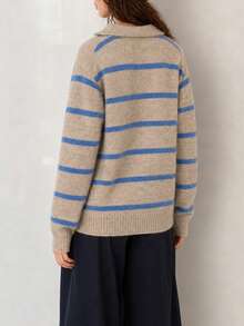 Women's Winter Casual Minimalist Striped Design Turn Collar Pullover Sweater - Oatmeal - View 2