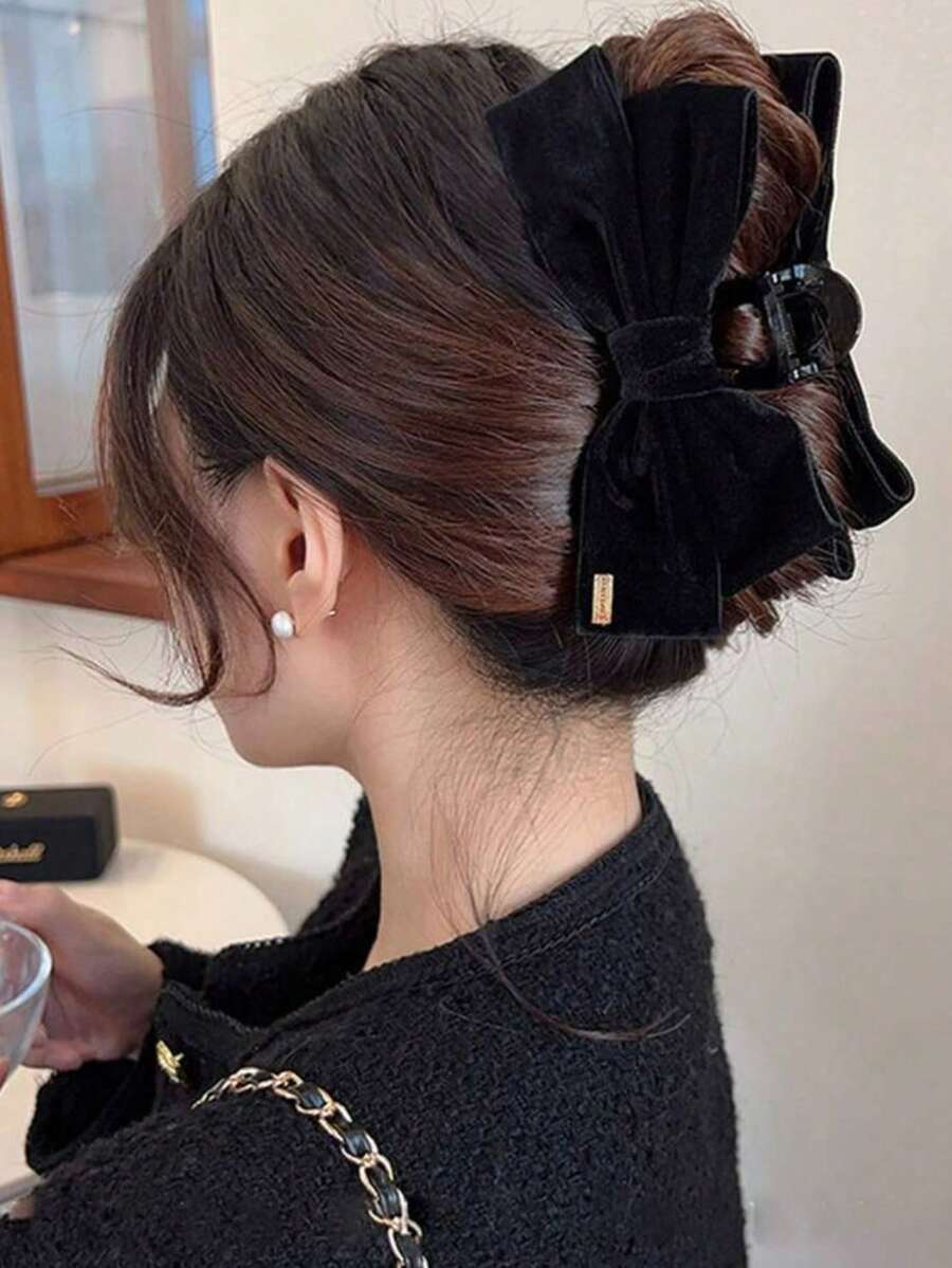 مشبك شعر فيونكة كبيرة من المخمل الأسود X1، الحجم تقريبًا 14 سم، مناسب للحفلات والارتداء اليومي - الأسود - مشاهدة 1