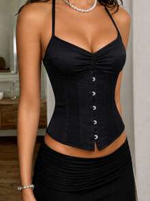 Apperloth A Elegant Corset Tops Overbust Halter Crop Cami Tank Top Ruched Bust Hook Front Tie Backless Boned Shapewear For Women Rave Halloween Costume Partywear - Black - View 4