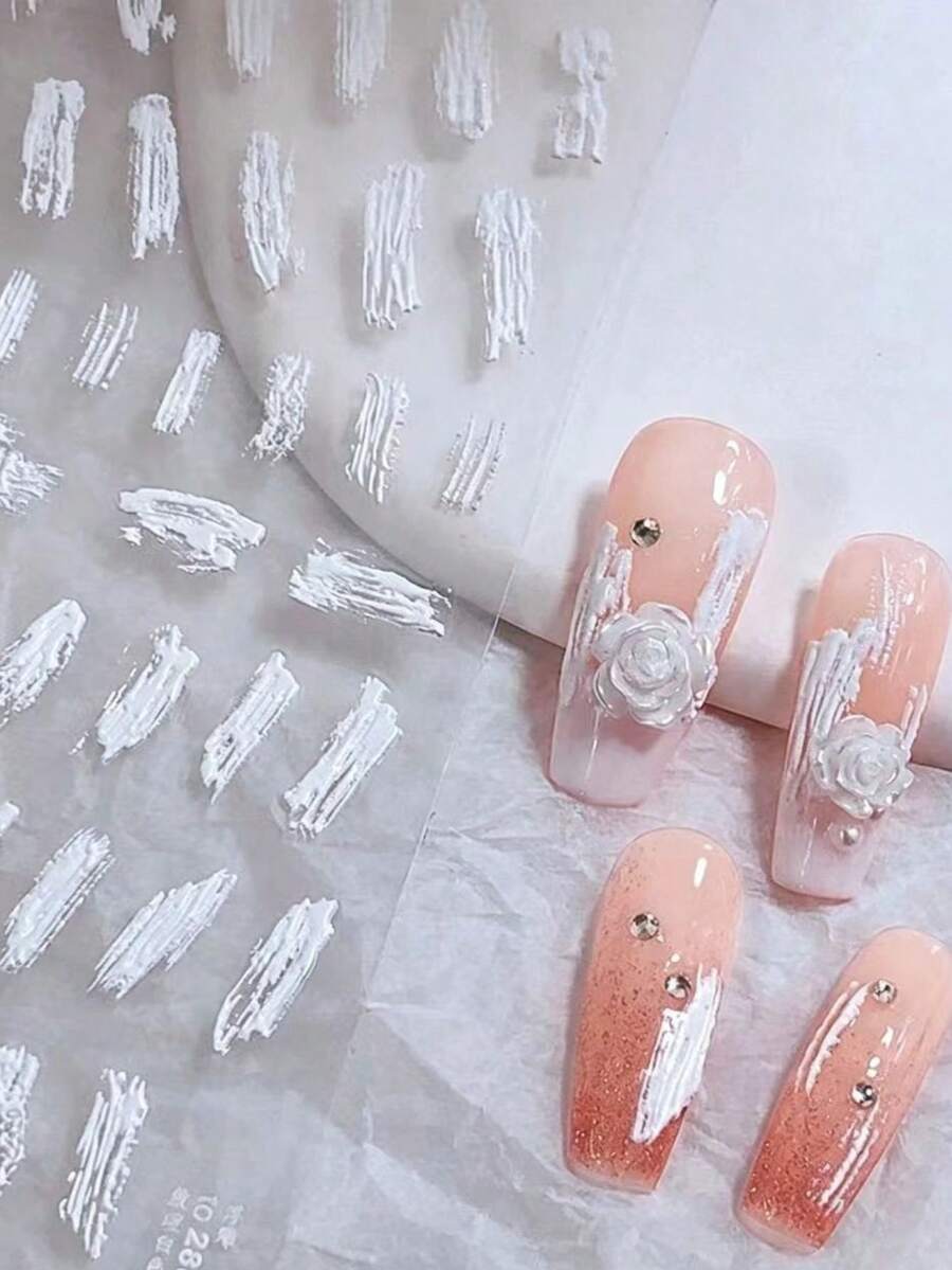 1pc/2pcs Autumn/Winter New White Brushstroke Texture Nail Stickers, Multiple Hand-Painted Brushstroke Patterns, Simulating Oil Painting Smear Texture, Creating Artistic Atmosphere. The Stickers Are Thin And Flexible, With High Texture Reproduction, Clean Cutting, Adhere Smoothly To Nail Surface Without Curling Edges, Easy To Peel And Stick - White - View 1